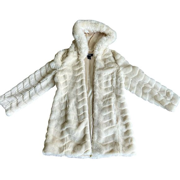 DKNY Long Faux Fur Winter Hooded Jacket with Chevron Pattern Medium - Picture 1 of 7
